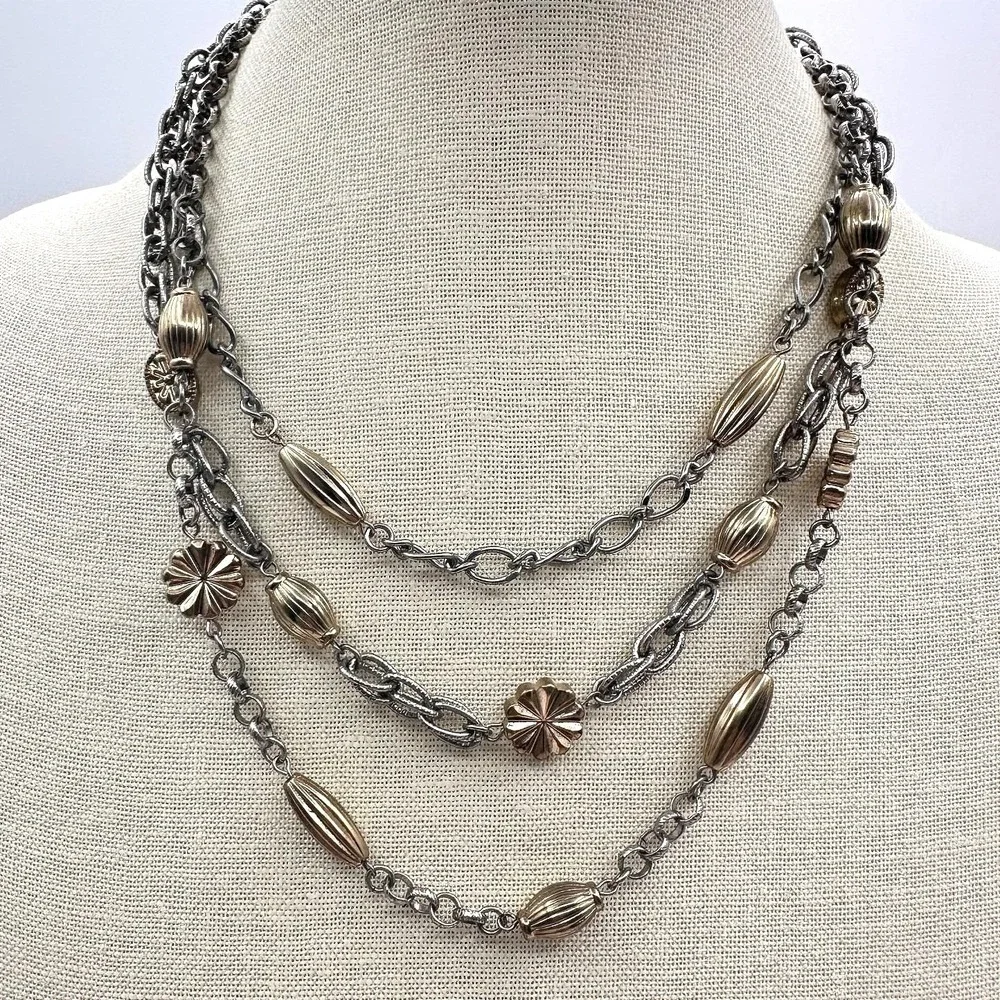 Vintage Two Tone Statement Necklace Gold Silver Oval Flower Bead Jewelry Retro